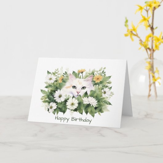 Waterverf verjaardagskat in madeliefjes kaart (Gele Bloem)