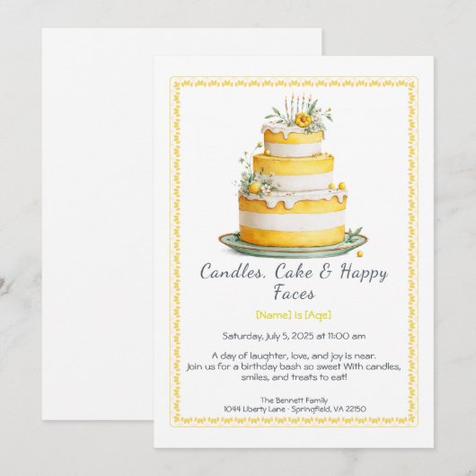 Waterverf verjaardagstaart uitnodiging – geel (Voorkant / Achterkant)