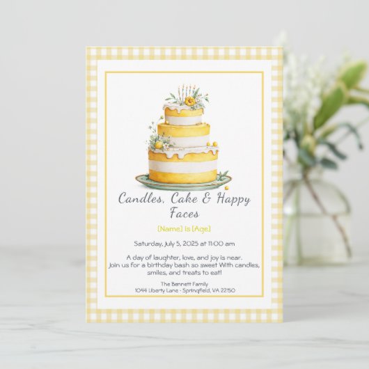Waterverf verjaardagstaart uitnodiging – geel