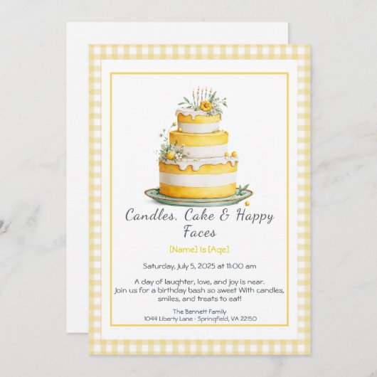 Waterverf verjaardagstaart uitnodiging – geel (Voorkant / Achterkant)