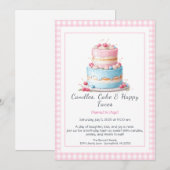 Waterverf Verjaardagstaart Uitnodiging – roze blau (Voorkant / Achterkant)