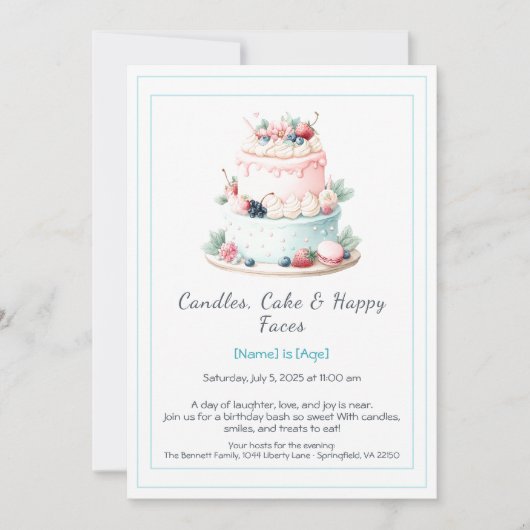 Waterverf verjaardagstaart uitnodiging - Sweet (Voorkant)