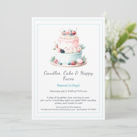 Waterverf verjaardagstaart uitnodiging - Sweet (Staand voorkant)