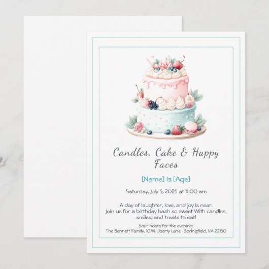 Waterverf verjaardagstaart uitnodiging - Sweet (Voorkant / Achterkant)