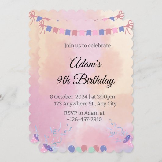 Waterverf Verjaardagsuitnodiging – Kinder Feestkaa Kaart (Voorkant / Achterkant)