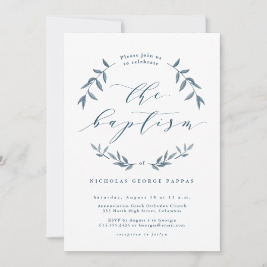 Waterverf verlaat blauwe baptisme uitnodiging (Voorkant)