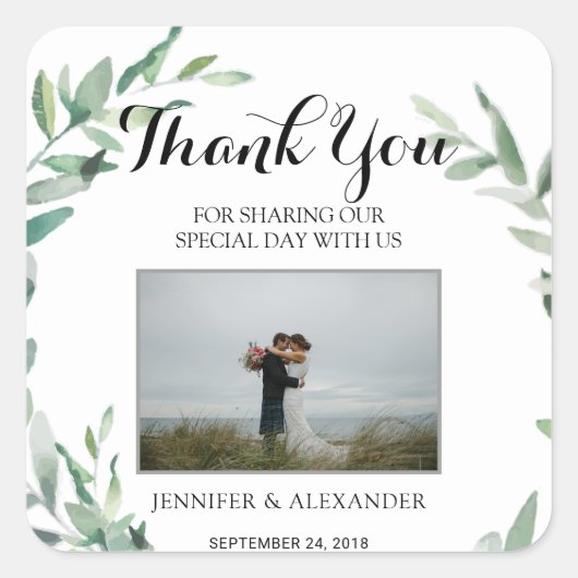 Waterverf verlaat foto bruiloft dank u gunst vierkante sticker (Voorkant)