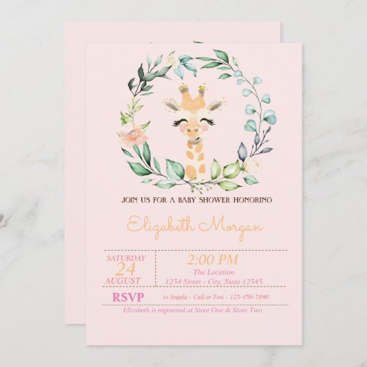 Waterverf verlaat het Baby shower van de Giraffe v Kaart (Voorkant / Achterkant)