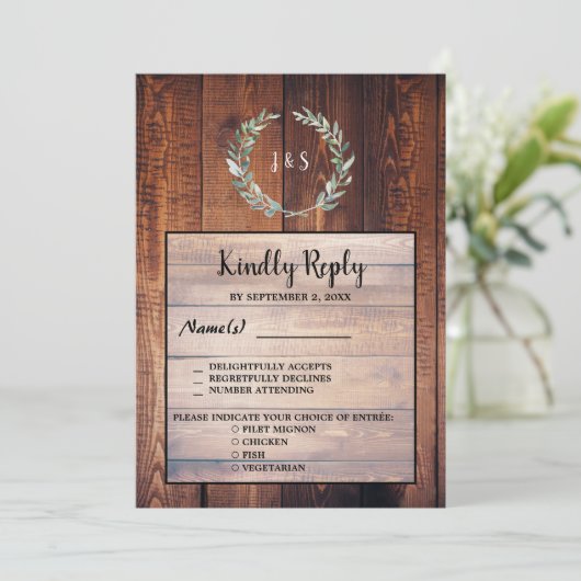 Waterverf verlaat hout Bruiloft RSVP dineropties Kaart (Staand voorkant)