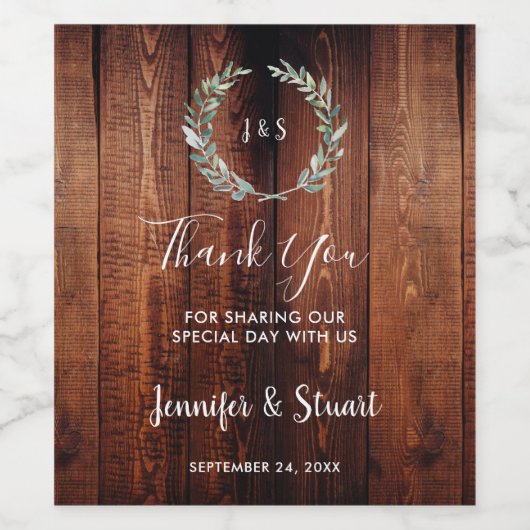Waterverf verlaat hout rustieke bruiloft Dank u Wijn Etiket (Enkel label)