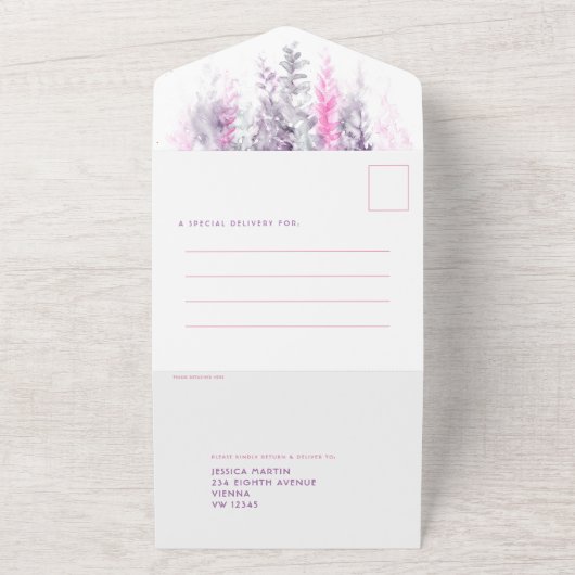 Waterverf verlaat indigo roze bruiloft na feest all in one uitnodiging (Buitenkant)