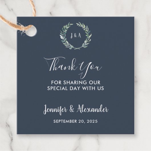 Waterverf verlaat monogram bruiloft bedankjes labels (Voorkant)