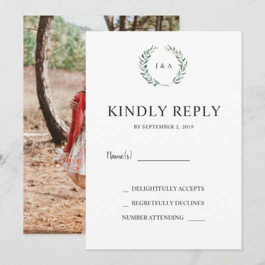 Waterverf verlaat monogram foto bruiloft RSVP Kaart (Voorkant / Achterkant)