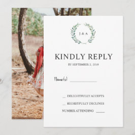 Waterverf verlaat monogram foto bruiloft RSVP Kaart