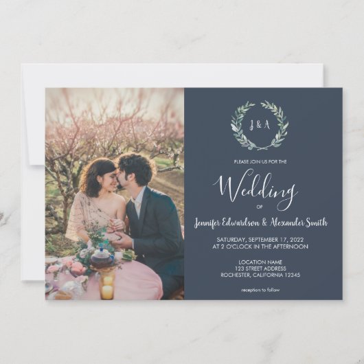 Waterverf verlaat monogram foto marineblauw Wedden Kaart (Voorkant)