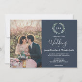 Waterverf verlaat monogram foto marineblauw Wedden Kaart (Voorkant)