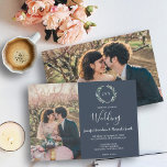 Waterverf verlaat monogram foto marineblauw Wedden Kaart<br><div class="desc">Elegant monogrammed waterverf botanisch,  marineblauw,  trouwuitnodiging met je eigen foto's. Voor lente,  zomer,  herfst of winterbruiloft. Groene olijftak waterverf op witte kaart. U kunt uw eigen foto's gemakkelijk toevoegen om het zeer persoonlijk en uniek te maken,  en uw eigen tekst toe te voegen.</div>