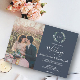 Waterverf verlaat monogram foto marineblauw Wedden Kaart