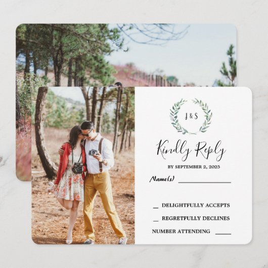 Waterverf verlaat monogram foto Weddenschap RSVP Kaart (Voorkant / Achterkant)