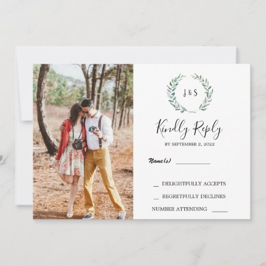 Waterverf verlaat monogram foto Weddenschap RSVP Kaart (Voorkant)