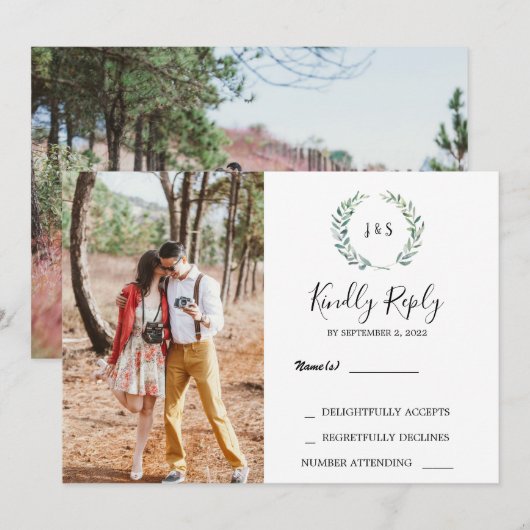 Waterverf verlaat monogram foto Weddenschap RSVP Kaart (Voorkant / Achterkant)