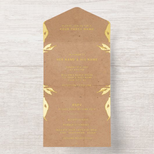 Waterverf verlaat rustieke elegante Folie bruiloft All In One Uitnodiging (Binnenkant)