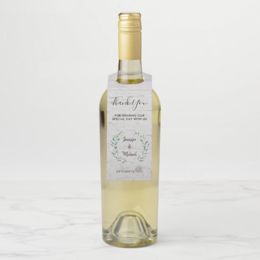 Waterverf verlaat rustieke houten bruiloft Dank u Flessenhanger (Op fles)