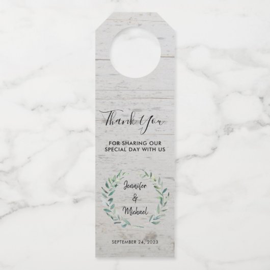 Waterverf verlaat rustieke houten bruiloft Dank u Flessenhanger (Voorkant)