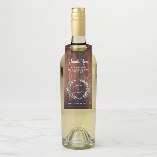 Waterverf verlaat rustieke houten bruiloft Dank u Flessenhanger (Op fles)