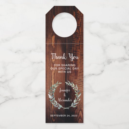 Waterverf verlaat rustieke houten bruiloft Dank u Flessenhanger (Voorkant)