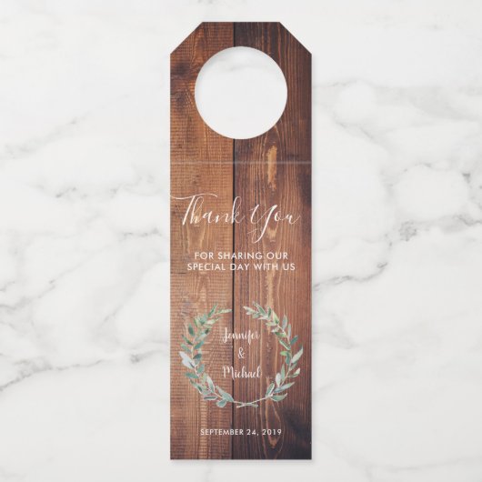 Waterverf verlaat rustieke houten bruiloft Dank u Flessenhanger (Voorkant)