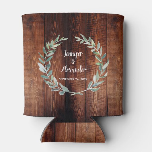 Waterverf verlaat rustige houten foto bruiloft kan blikjeskoeler (Achterkant)