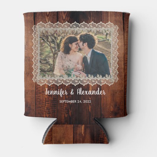 Waterverf verlaat rustige houten lace foto bruilof blikjeskoeler (Voorkant)