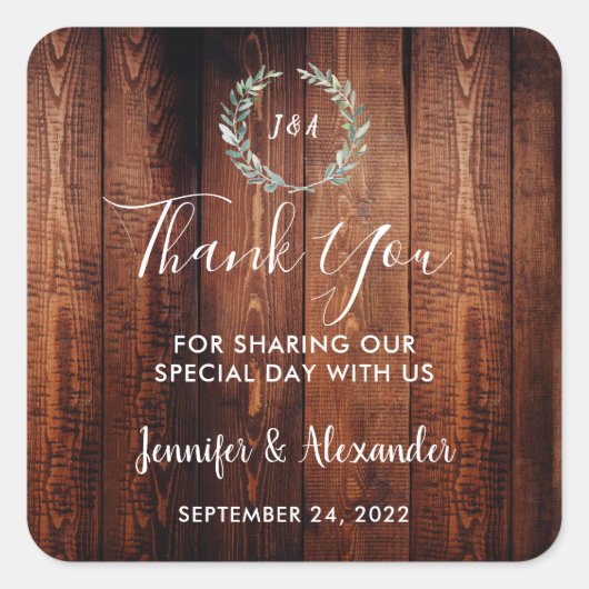 Waterverf verlaat rustige houtmonogram dank je vierkante sticker (Voorkant)