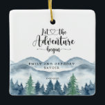 Waterverf Verloving Keepsake Keramisch Ornament<br><div class="desc">Vier het begin van de eeuwigheid met dit waterverf verloving ornament met de zin Laat het avontuur beginnen. Gepersonaliseerd met de namen en datum van het paar, toont het ontwerp zacht waterverf gebergte en bosbomen - een symbool van natuur, liefde en nieuwe reizen. Een betekenisvolle herinnering of een doordacht geschenk...</div>