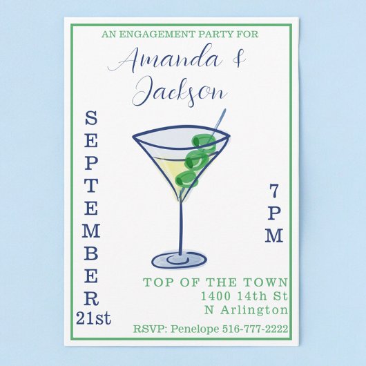 Waterverf Verlovingsfeest Martini Cocktail Kaart
