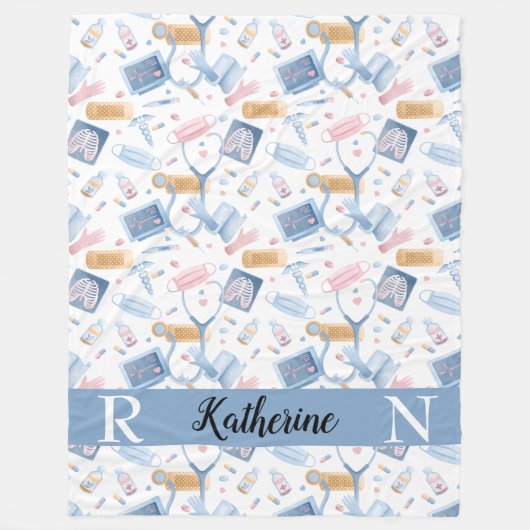 Waterverf verpleegster | Dr. Medical Collage Blue  Fleece Deken (Voorkant)