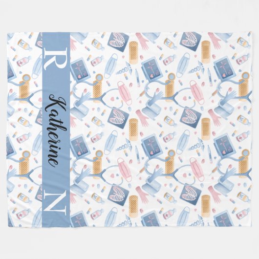 Waterverf verpleegster | Dr. Medical Collage Blue  Fleece Deken (Voorkant (Horizontaal))