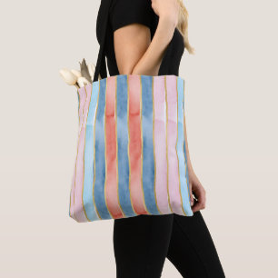Waterverf Verticale Streep Schakeringen Blauw Roze Tote Bag
