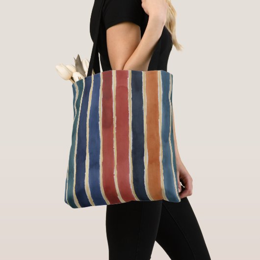 Waterverf Verticale Strepen Baksteen Roest Navy Tote Bag (Dichtbij)