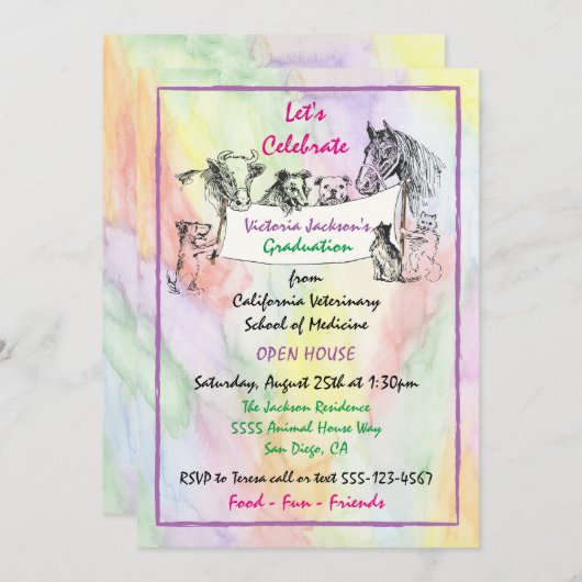 Waterverf Veterinaire School Afstuderen Kaart (Voorkant / Achterkant)