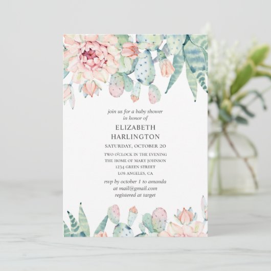 Waterverf vetplanten baby shower. Bloemencactus Kaart (Staand voorkant)