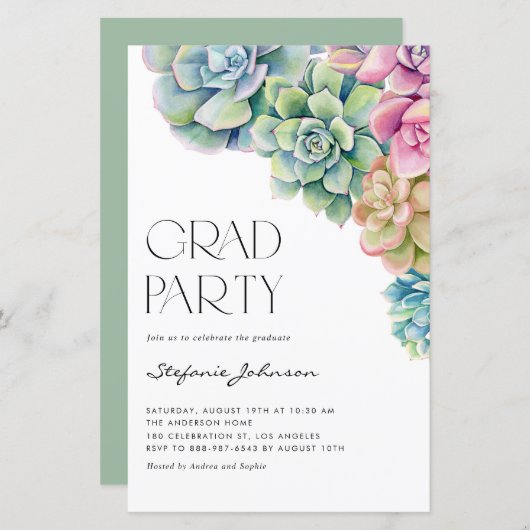 Waterverf vetplanten Boho Afstuderen Invitation (Voorkant / Achterkant)