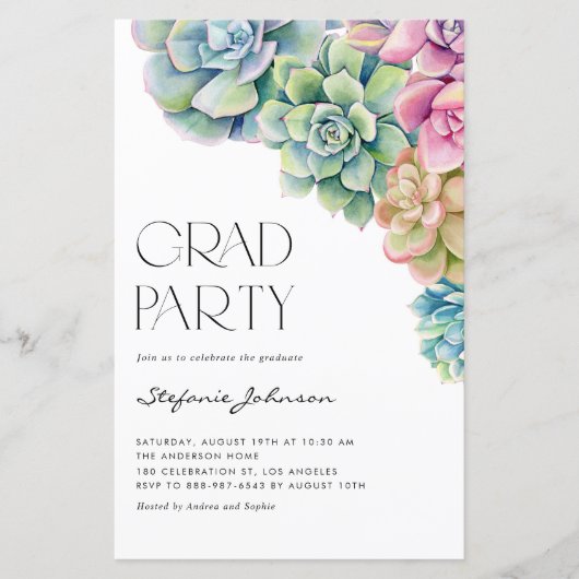 Waterverf vetplanten Boho Afstuderen Invitation (Voorkant)