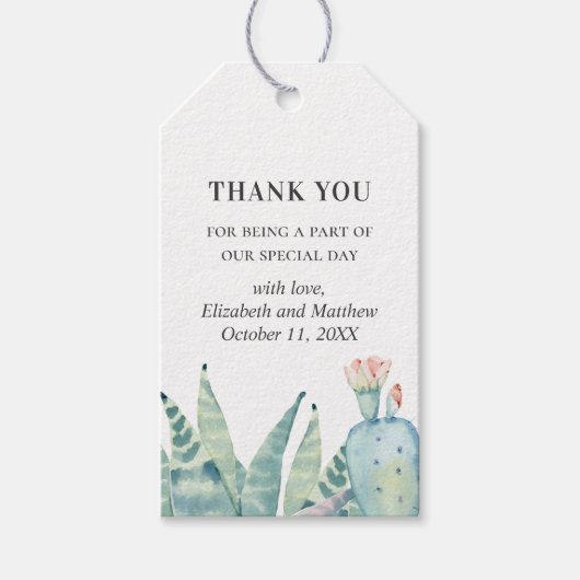 Waterverf vetplanten bruiloft. Cactus dank u Cadeaulabel (Voorkant)