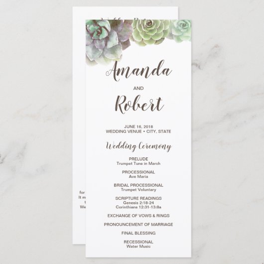 Waterverf vetplanten | Trouwprogramma Programmakaart (Voorkant / Achterkant)