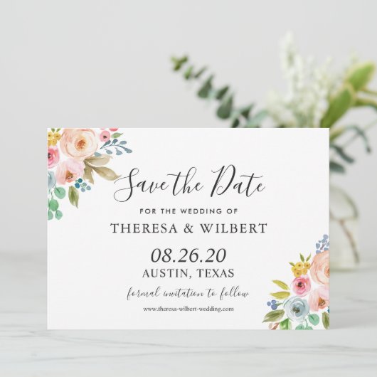 Waterverf Vibrant Floral Wedding Save the Date Kaart (Staand voorkant)
