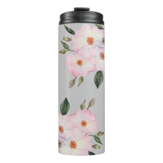 Waterverf Vibrant roze witte rozen Moderne grijs Thermosbeker (Voorkant)