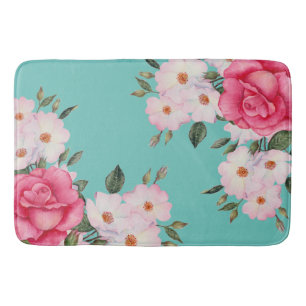 Waterverf Vibrant roze witte rozen Turquoise Terug Badmat