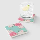 Waterverf Vibrant roze witte rozen Turquoise Terug Stenen Onderzetter (Zijkant)